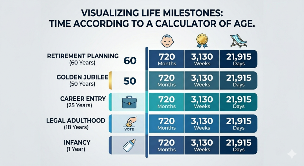 Age Calculation Metrics and Life Milestones Visualization